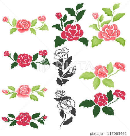 Illustration set of roses and bouquets of roses 117063461