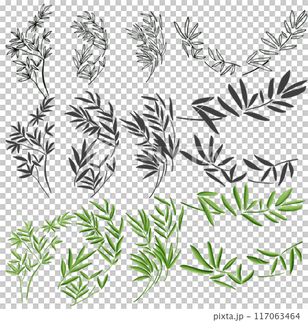 Set of illustrations of bamboo leaves and bamboo branches Set of illustrations of bamboo leaves and bamboo branches 117063464