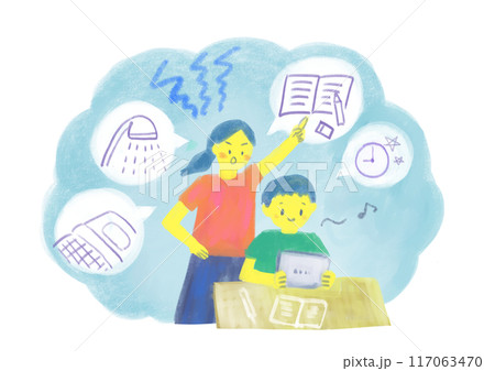 タブレットで動画に夢中な男の子と怒る母親 タブレットで動画に夢中な男の子と怒る母親 117063470