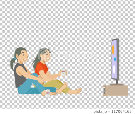 ビールを飲みながらテレビを鑑賞する女性達のイラスト 117064163