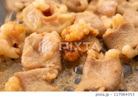 焼肉でホルモンのシマチョウを焼く 焼肉でホルモンのシマチョウを焼く 117064353