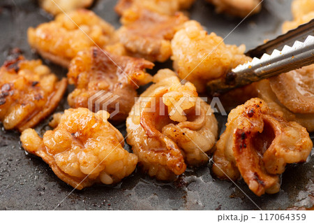 焼肉でホルモンのシマチョウを焼く 焼肉でホルモンのシマチョウを焼く 117064359