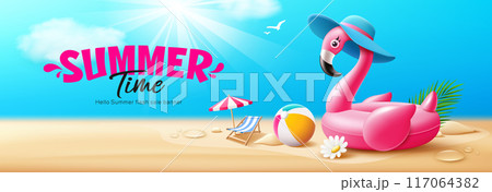 Pink flamingo rubber ring wear a beach hat summer banner design.eps Pink flamingo rubber ring wear a beach hat summer banner design.eps 117064382