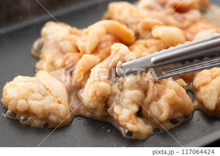 焼肉でホルモンのシマチョウを焼く 焼肉でホルモンのシマチョウを焼く 117064424