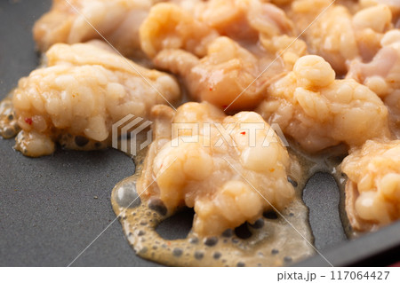 焼肉でホルモンのシマチョウを焼く 焼肉でホルモンのシマチョウを焼く 117064427