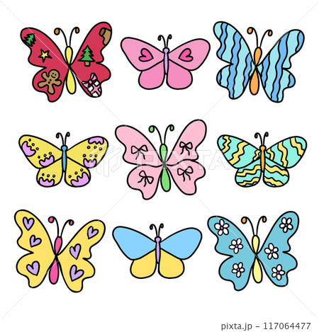 Hand drawn various butterfly designs for animal, zoo, souvenir shop, print, cute patches, shirt print, brooch, plush toy, doll, decoration, sticker, shape, standee, women fashion, accessory, picnic 117064477