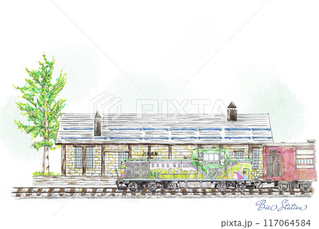 色鉛筆で描いたノロッコ号と美瑛駅 117064584