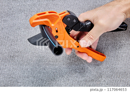 Plumbing tool for PVC plastic pipe, water tube tubing cutter scissor knife cut ratchet. Plumbing tool for PVC plastic pipe, water tube tubing cutter scissor knife cut ratchet. 117064653