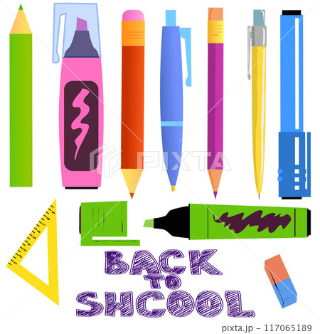 pens, pencils and markers of different colors for school and stationery needs. Vector illustration writing instruments, ballpoint pens pencils, eraser and markers underliners 117065189