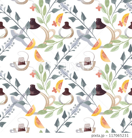 Herb tea. Melissa, mint, glassware, leaves and lemon slices. Seamless watercolor pattern for fabric, wallpaper, wrapping paper, packaging cosmetics, tablecloths, curtains and home textiles. Herb tea. Melissa, mint, glassware, leaves and lemon slices. Seamless watercolor pattern for fabric, wallpaper, wrapping paper, packaging cosmetics, tablecloths, curtains and home textiles. 117065231