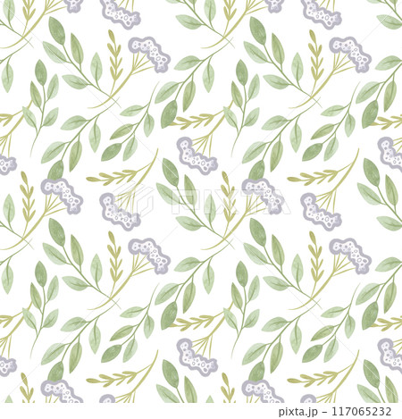 White oregano and soft green branches with leaves. Seamless watercolor pattern for fabric, wallpaper, wrapping paper, packaging cosmetics, tablecloths, curtains and home textiles. 117065232