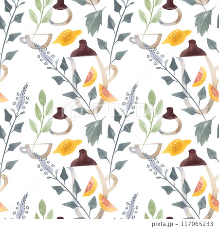 Herb tea. Melissa, mint, glassware, leaves and lemon slices. Seamless watercolor pattern for fabric, wallpaper, wrapping paper, packaging cosmetics, tablecloths, curtains and home textiles. 117065233