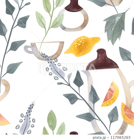 Herb tea. Melissa, mint, glassware, leaves and lemon slices. Seamless watercolor pattern for fabric, wallpaper, wrapping paper, packaging cosmetics, tablecloths, curtains and home textiles. Herb tea. Melissa, mint, glassware, leaves and lemon slices. Seamless watercolor pattern for fabric, wallpaper, wrapping paper, packaging cosmetics, tablecloths, curtains and home textiles. 117065265
