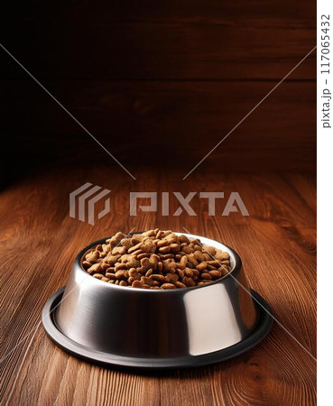 金属製の犬用の食器に入ったドッグフードとコピースペース 金属製の犬用の食器に入ったドッグフードとコピースペース 117065432