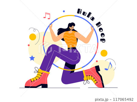 Hula Hoop Vector Illustration with People Exercising and Playing Hula Hoops, Engaged in Fitness Training Activities in a Flat Style Cartoon Background 117065492