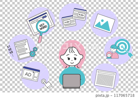 Web女性とブログ作業アイコンのセット Web女性とブログ作業アイコンのセット 117065718