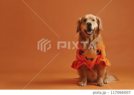 AI-generated item.Cute Golden Retriever in Halloween costume on orange background. 117066007