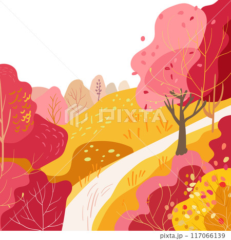 Path in the hills. Autumn red yellow trees and bushes. Square poster folk postcard. Hand drawn, Flat vector Path in the hills. Autumn red yellow trees and bushes. Square poster folk postcard. Hand drawn, Flat vector 117066139