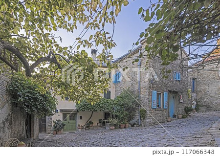 Picture from the town of Groznjan with idyllic cobbled streets and buildings made of natural stone Picture from the town of Groznjan with idyllic cobbled streets and buildings made of natural stone 117066348