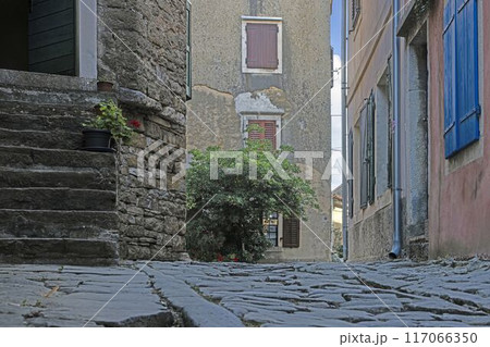 Picture from the town of Groznjan with idyllic cobbled streets and buildings made of natural stone Picture from the town of Groznjan with idyllic cobbled streets and buildings made of natural stone 117066350