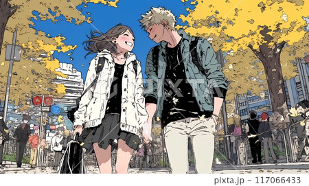ボーイフレンドと紅葉の道をデートする若い女性