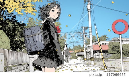 紅葉の道を通学する女子高生