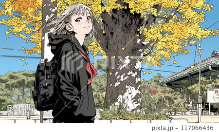 紅葉の道を通学する女子高生