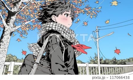 紅葉の道を通学する女子高生