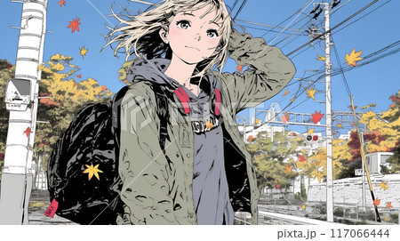 紅葉の道を通学する女子高生