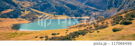 Beautiful mountain landscape. Peaks of Europe (Picos de Europa) National Park. A glacial Lake Ercina. Asturias, Spain, Europe. Horizontal banner 117066498