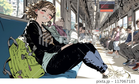 電車の席に腰掛けている若い女性