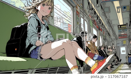 電車の席に腰掛けている若い女性