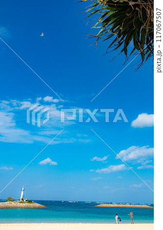 沖縄の綺麗な青空、ビーチでの冬の凧揚げ 117067507