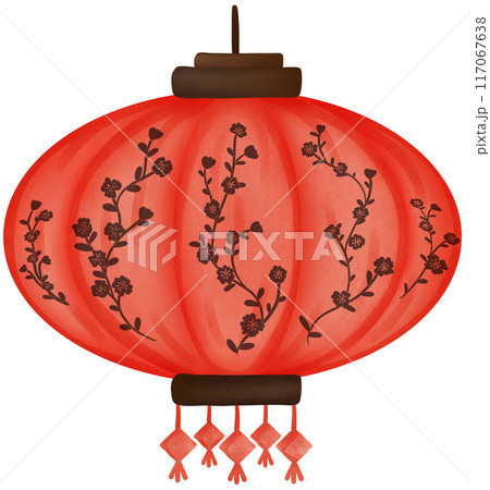 Red round paper lantern with cherry blossom pattern 117067638