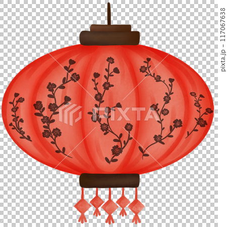 Red round paper lantern with cherry blossom pattern 117067638