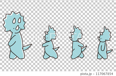 Illustration of a baby triceratops walking side by side to the left and a triceratops looking back 117067854