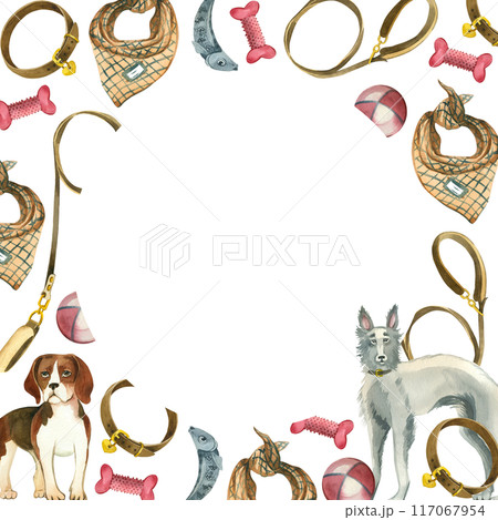 Round frame. Pet accessories, bones, balls, dog collars and leashes, dog scarves, beagle and greyhound. All items are hand painted with watercolors. For printing on paper, fabric. 117067954