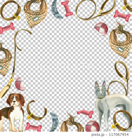 Round frame. Pet accessories, bones, balls, dog collars and leashes, dog scarves, beagle and greyhound. All items are hand painted with watercolors. For printing on paper, fabric. 117067954
