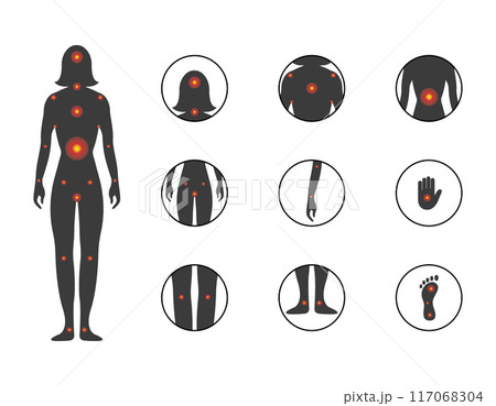 Point of female body pain. Injury icon set. Silhouette of a woman with different body pain. Vector 117068304