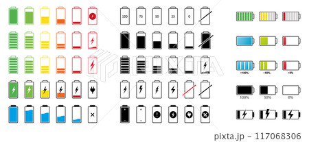 Set of capacity battery icons. Mobile phone charge level illustration sign collection in flat style. Vector 117068306