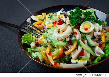 salad with squid, fresh cucumber, eggs, sweet pepper, red onion, with dressing, homemade, no people, salad with squid, fresh cucumber, eggs, sweet pepper, red onion, with dressing, homemade, no people, 117068534