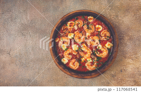 saganaki with shrimp, in a clay pan, Greek dish, shrimp in tomato sauce, feta cheese, homemade, no people, saganaki with shrimp, in a clay pan, Greek dish, shrimp in tomato sauce, feta cheese, homemade, no people, 117068541