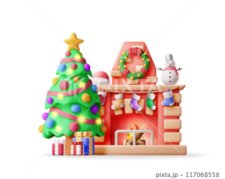 3D red brick new year fireplace isolated. 3D red brick new year fireplace isolated. 117068558