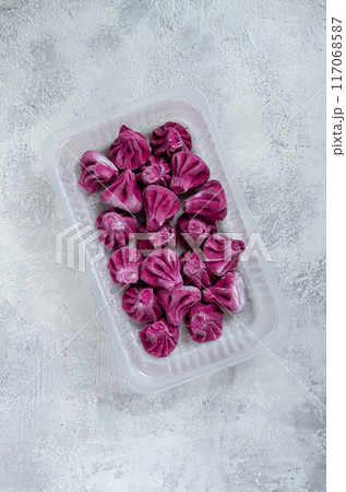 freshly frozen beetroot khinkali, in a container, top view, no people, freshly frozen beetroot khinkali, in a container, top view, no people, 117068587
