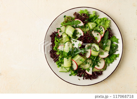 Vegetable salad, radishes and cucumbers, radish micro-greens, lettuce leaves, green onions, homemade, no people, 117068718