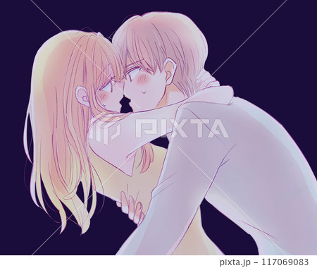 キス　夢中　男女　カップル　逆光　後ろめたい 117069083