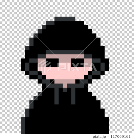 Cute pixel art of a suspicious hacker-esque person wearing a black hoodie with the hood pulled down low 117069161