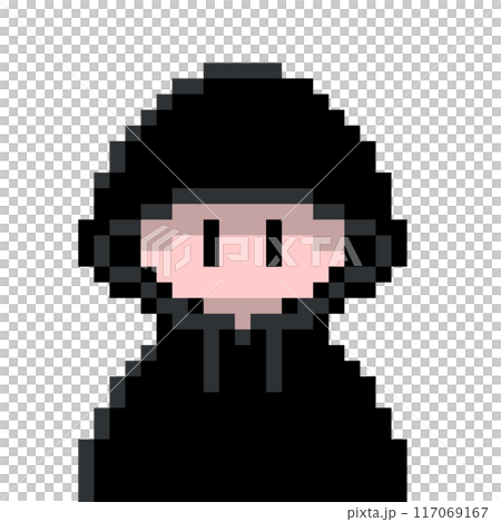 一個可愛的像素藝術，畫的是一個像黑客一樣的可疑人物，頭上戴著黑色連帽衫的兜帽。 117069167