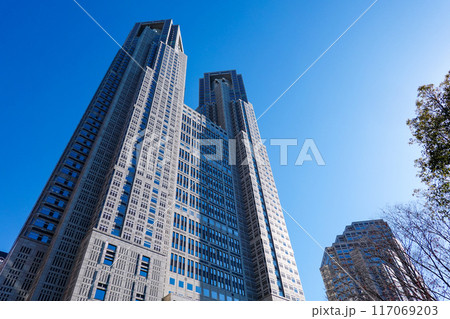 青空にそびえる東京都庁舎(東京都新宿区) 青空にそびえる東京都庁舎(東京都新宿区) 117069203