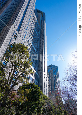 青空にそびえる東京都庁舎(東京都新宿区) 青空にそびえる東京都庁舎(東京都新宿区) 117069206
